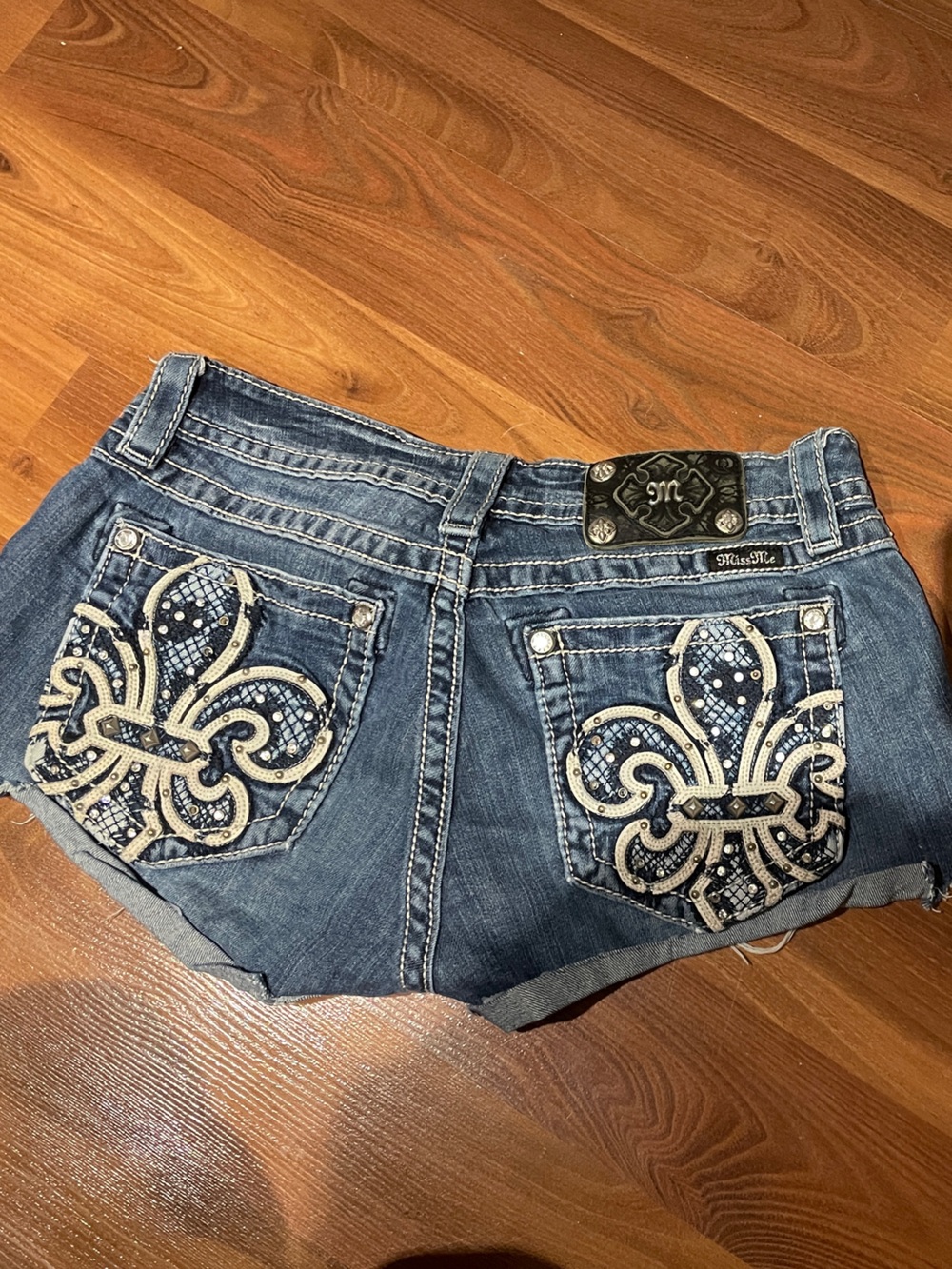 Miss Me Blue Denim Shorts with Embroidered Fleur-de-Lis Pockets